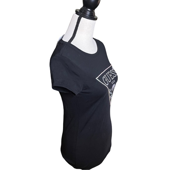 NEW Guess Rhinestone Embellished Short Sleeve Logo Tee in Black sze S - Picture 5 of 12